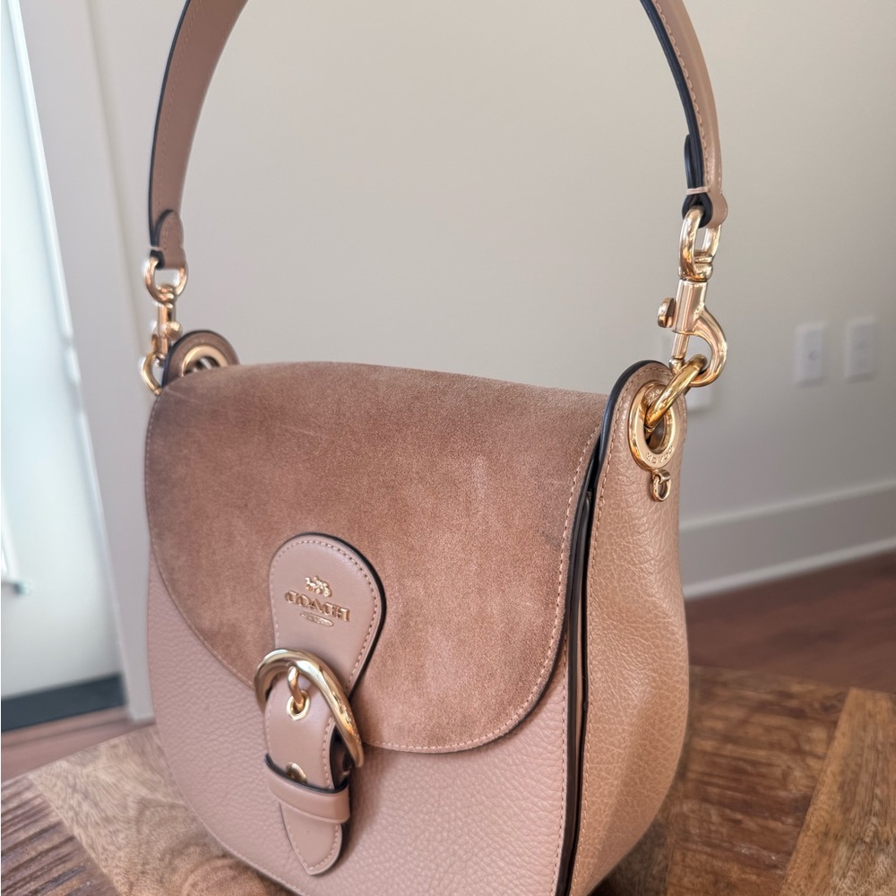 Coach Two-Tone Taupe Leather & Suede Shoulder Bag with Gold Hardware